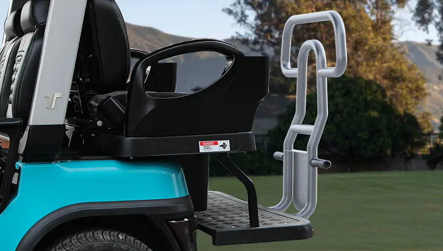 Rear view of Tara medium speed vehicle showing flip-flop seat with built-in storage box for practical and space-saving use