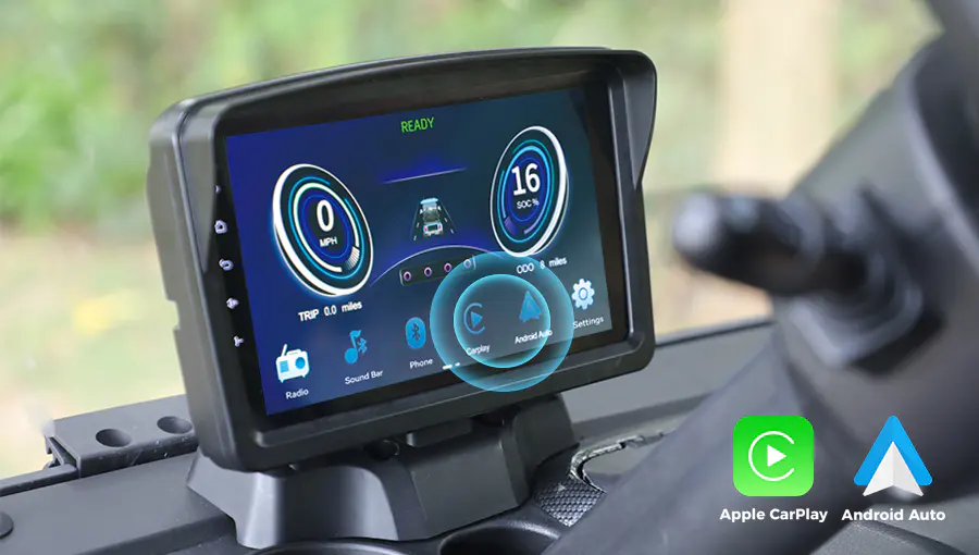 Close-up of Tara medium speed vehicle touchscreen displaying Apple CarPlay and Android Auto interface for seamless smartphone integration