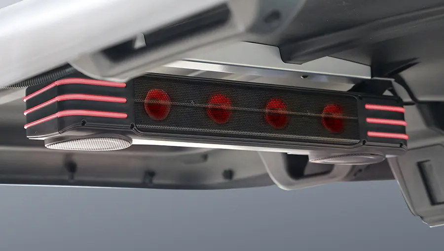 Close-up of Tara medium speed vehicle cuboid sound bar delivering high-quality sound with a modern, compact design