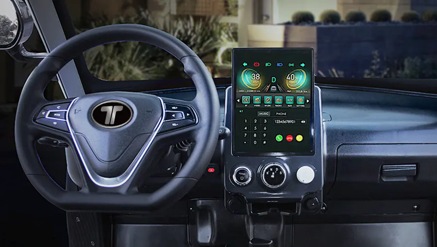 Close-up of Tara T3 2+2 medium speed vehicle dashboard featuring a responsive touchscreen display and ergonomic control switches