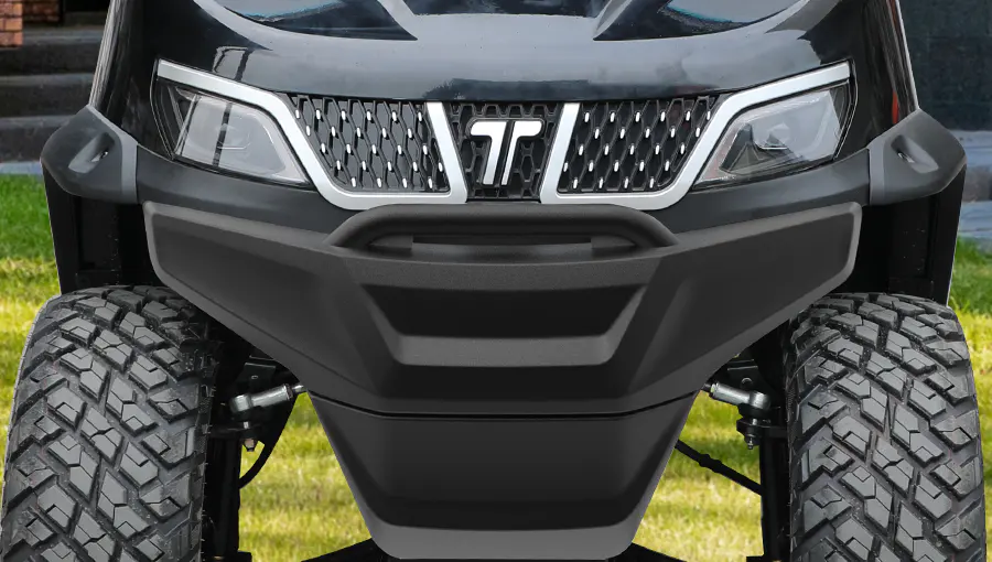 Close-up of Tara medium speed vehicle front bumper combined with LED headlights, taillights, and indicator lights for enhanced safety