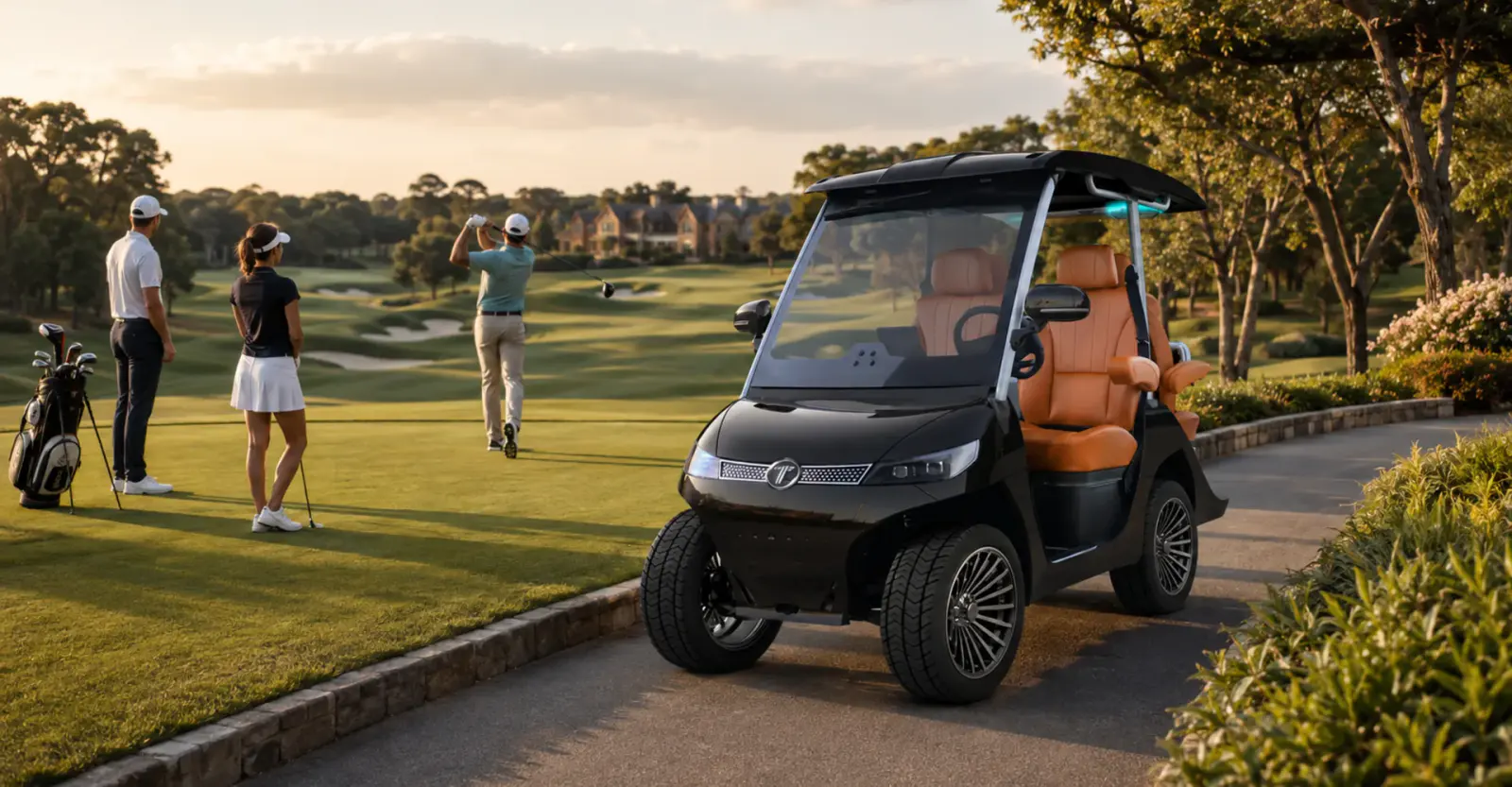 Black TARA medium speed vehicle parked beside a fairway at sunset